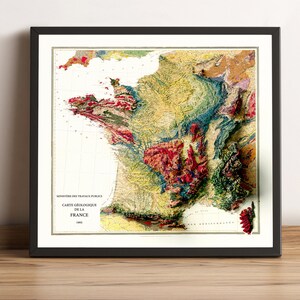 Mapa Francji, Francja 2D Relief Map, Francja Vintage Map, Francja Geologiczna Mapa, Francja Oprawiona Mapa, Francja Prezent - 2D FLAT PRINT