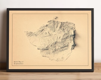 Zimbabwe Map, Zimbabwe 2D Relief Map, Zimbabwe Minimalist Poster, Zimbabwe Wall Art, Zimbabwe Map Print - 2D FLAT PRINT