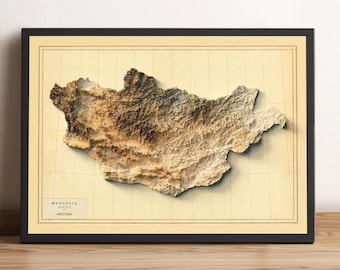 Mongolia Map, Mongolia 2D Relief Map, Mongolia Vintage Map, Mongolia Print, Mongolia Elevation Map - 2D FLAT PRINT