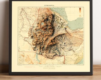 Ethiopia Map, Ethiopia 2D Relief Map, Ethiopia Poster, Ethiopia Vintage Map, Map Gift - 2D FLAT PRINT