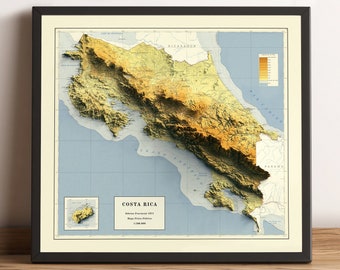 Costa Rica Map, Costa Rica 2D Relief Map, Costa Rica Vintage Map, Costa Rica Wall Decor, Costa Rica Poster - 2D FLAT PRINT
