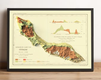 Curaçao Map, Curaçao 2D Relief Map, Curaçao Vintage Map, Curaçao Print, Curaçao Elevation Map - 2D FLAT PRINT