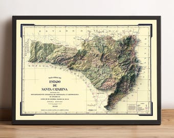 Santa Catarina Map, Santa Catarina Brazil 2D Relief Map, Santa Catarina Vintage Map, Florianopolis Poster - 2D FLAT PRINT