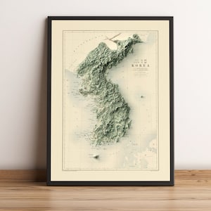 Nord- und SüdKoreas 2D Reliefkarte, Süd-Korea Vintage Poster Karte, Nord-Korea Wandkunst, Korea Geschenk - 2D FLACHDRUCK