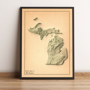 Kaart van Michigan, 2D-reliëfkaart van Michigan, minimalistische kaart van Michigan, poster van Michigan, kunst aan de muur van Michigan-2D FLAT PRINT