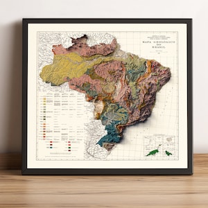 Brasilien Karte, Brasilien 2D Reliefkarte, Brasilien Poster Druck, Brasilien Vintage Karte, Brasilien Geologische Karte, Brasilien Geschenk - 2D FLACHDRUCK