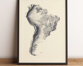 South America Map, South America 2D Relief Map, South America Minimalist Print, South America Gift, Topographic Print - 2D FLAT PRINT