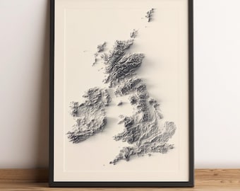 Kaart van het Verenigd Koninkrijk en Ierland, minimalistische reliëfkaart van de Britse eilanden, poster van Schotland, kaart van Engeland, kaart van Wales, kaart van het VK - 2D platte print