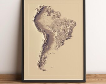 Kaart van Zuid-Amerika, 2D-reliëfkaart van Zuid-Amerika, minimalistische print van Zuid-Amerika, topografische print, versie zonsondergang-2D FLAT PRINT