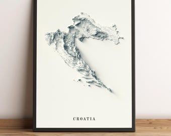 Croatia Relief Map Print, Minimalist Topographic Elevation Art (2D Flat Print)