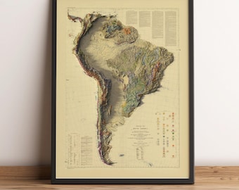 South America Map, South America 2D Relief Map, South America Vintage Print, Geological Map, Sunset Version - 2D FLAT PRINT