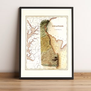 Kaart van Delaware, Delaware 2D-reliëfkaart, Delaware vintage kaart, Delaware print, Delaware oude kaart, Delaware cadeau - 2D FLAT PRINT