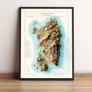 Sardinien Karte, Sardegna Karte, Sardinien 2D Reliefkarte, Sardinien Vintage Poster, Sardinien Wandkunst, Sardinien Geschenk - 2D FLACHDRUCK