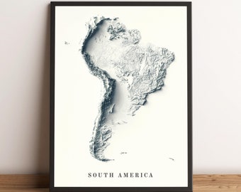 South America Map, South America 2D Relief Map, South America Minimalist Poster, South America Wall Art, South America Gift - 2D FLAT PRINT