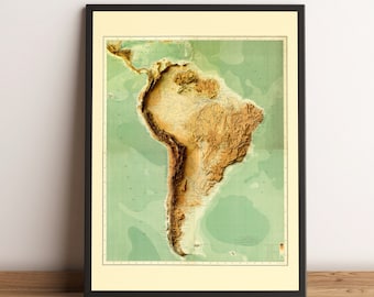 South America Map, South America 2D Relief Map, South America Poster, South America Vintage Map, Brazil Map, Argentina Map - 2D FLAT PRINT