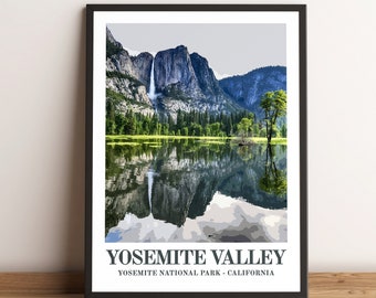 May include: A framed poster with a scenic view of Yosemite Valley, California. The poster features a mountain range with a waterfall cascading down the side, reflected in a still lake. The text "Yosemite Valley" and "Yosemite National Park - California" is printed below the image.