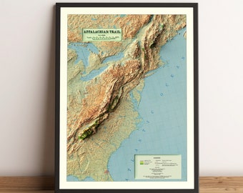 Kaart Appalachian Trail, Appalachian Trail 2D-reliëfkaart, Appalachian Trail vintage kaart, Appalachian Trail cadeau - 2D FLAT PRINT