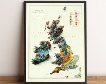 British Islands Vintage Map, England Vintage 2D Relief Map, Ireland Map, United Kingdom Map, Scotland Map, UK Wall Art  - 2D FLAT PRINT