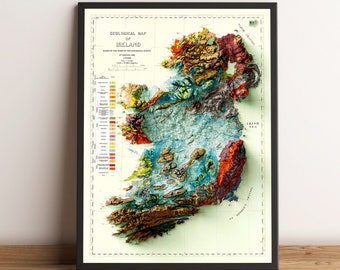 Mapa de Irlanda, Mapa en relieve 2D de Irlanda, Mapa vintage de Irlanda, Mapa geológico de Irlanda, Decoración de pared de Irlanda, Regalo de Irlanda - IMPRESIÓN PLANA 2D