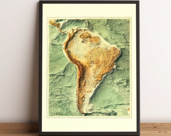 South America Map, South America 2D Relief Map, South America Bathymetrical Map, South America Vintage Map - 2D FLAT PRINT