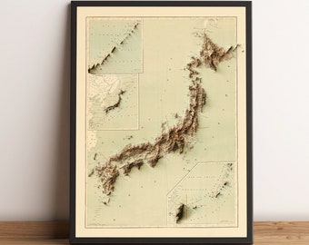 Japan Map, Japan 2D Relief Map, Japan Historical Map, Japan Old Map, Japan Vintage Map, Japan Poster, Japan Minimalist Gift - 2D FLAT PRINT