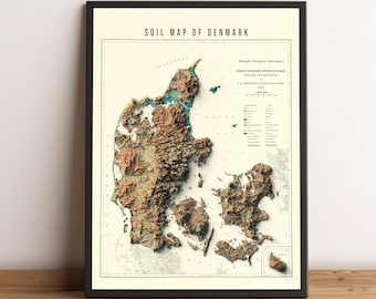 Denmark Map, Denmark 2D Relief Map, Denmark Vintage Map, Danmark Poster, Danmark Wall Art, Denmark Print - 2D FLAT PRINT