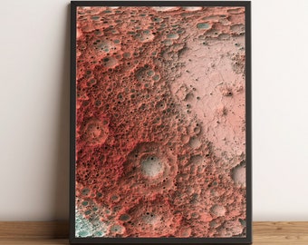 May include: A framed abstract art print featuring a close-up of a textured, red, and pink surface with a pattern of craters and holes.