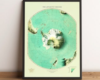 Carte de l'Antarctique, carte en relief 2D de l'Antarctique, carte vintage de l'Antarctique, affiche de l'Antarctique, art mural de l'Antarctique, cadeau de l'Antarctique - impression 2D à plat