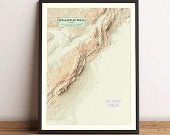 Appalachen Trail-kaart, Appalachian Trail 2D-reliëfkaart, Appalachian Trail minimalistische kaart, Appalachian Trail cadeau-2D FLAT PRINT