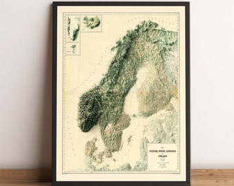 Skandinavien, 2D Reliefkarte, Vintage Print Skandinavien, Norwegen, Finnland, Schweden, Dänemark - 2D FLACHDRUCK