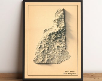 New Hampshire Map, New Hampshire 2D Relief Map, New Hampshire Minimalist Map, New Hampshire Gift - 2D FLAT PRINT