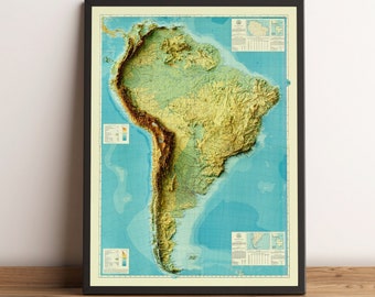 May include: A vintage-style map of South America with a topographic relief showing the elevation of the land. The map is printed on a light blue background with green, yellow, and brown colors to represent the different elevations. The map is framed in a black frame.