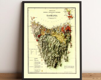 Tasmania Map, Tasmania 2D Relief Map, Tasmania Geological Map, Tasmania Vintage Map, Tasmania Print, Tasmania Gift - 2D FLAT PRINT