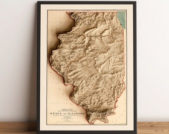 Kaart van Illinois, 2D-reliëfkaart van Illinois, vintage oude kaart van Illinois, Illinois Print, Illinois Wall Art, Illinois Gift-2D FLAT PRINT