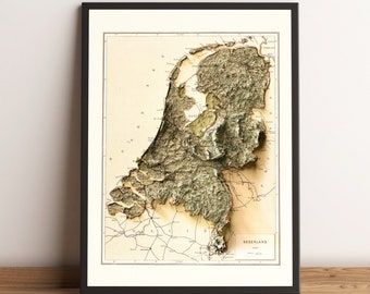 Mapa de los Países Bajos, Mapa en relieve 2D de los Países Bajos, Mapa de carteles vintage de los Países Bajos, Regalo de los Países Bajos, Mapa de Holanda - IMPRESIÓN PLANA 2D
