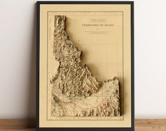 Mappa dell'Idaho, mappa in rilievo 2D dell'Idaho, stampa dell'Idaho, mappa vintage dell'Idaho, mappa antica dell'Idaho, mappa topografica dell'Idaho, regalo dell'Idaho - STAMPA PIATTA 2D