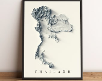 Thailand Map, Thailand 2D Relief Map, Thailand Vintage Map, Thailand Wall Art, Thailand Gift, Thailand Poster - 2D FLAT PRINT