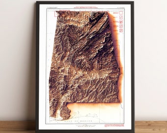 Alabama Map, Alabama 2D Relief Map, Alabama Historical Map, Alabama Vintage Poster Map, Alabama Gift Map - 2D FLAT PRINT