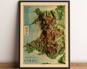 Wales Map, Wales 2D Relief Map, Wales Vintage Map, Wales Old Map, Cymru Map, UK Map,  Wales Print, Wales Gift - 2D FLAT PRINT