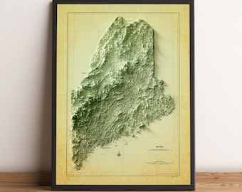 May include: A vintage-style topographic map of Maine, featuring a 3D relief effect. The map is printed on a cream-colored paper with a brown border. The state of Maine is highlighted in green, with the surrounding water areas in blue. The map includes the name "MAINE" in the lower right corner.