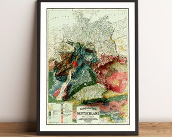 May include: A vintage geological map of Germany, printed in color, with a key showing different rock formations and geological features. The map is titled "Geologische Karte Deutschlands" and is framed in black.