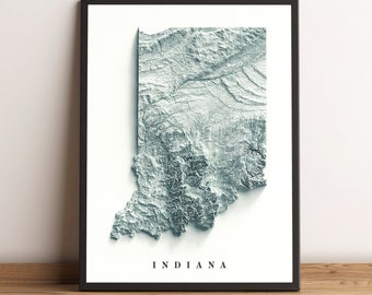 May include: A black framed print of a 3D topographical map of Indiana. The map is in shades of blue and white, with the state name "INDIANA" printed below the map.
