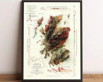 Scotland Map, Scotland Geological Map, Scotland 2D Relief Map, Scotland Vintage, Scotland Wall Art, Scotland Gift - 2D FLAT PRINT