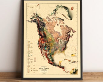 Mapa de América del Norte, Mapa en Relieve 2D de América del Norte, Mapa Geológico de América del Norte, Mapa de EE. UU., Mapa de América Central (Impresión Plana 2D)