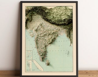 India Map, India 2D Relief Map, India Vintage Map, India Printed Map, India Poster, Nepal Map, Bangladesh Map, India Gift - 2D FLAT PRINT