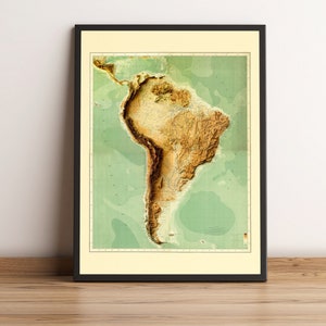 Südamerika Karte, Südamerika 2D Relief, Südamerika Poster, Südamerika Vintage Karte, Brasilien Karte, Argentinien Karte - 2D FLACHDRUCK