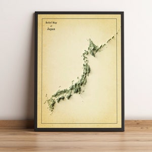 Kaart van Japan, kaart met 2D-reliëf van Japan, historische kaart van Japan, kunst aan de muur van Japan, minimalistische kaart van Japan, vintage kaart van Japan - 2D FLAT PRINT