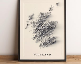 Mapa de Escocia, Mapa en relieve de Escocia, Póster minimalista de Escocia, Arte mural de Escocia, Regalo de Escocia - IMPRESIÓN PLANA 2D