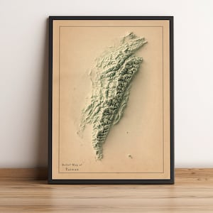Kaart van Taiwan, 2D-reliëfkaart van Taiwan, poster van Taiwan, print van Taiwan, vintage kaart van Taiwan, reiskaart van Taiwan, minimalistische kaart van Taiwan - 2D FLAT PRINT