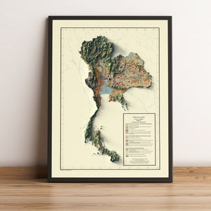 Thailand Karte, Thailand 2D Relief Karte, Thailand Vintage Geschenk Karte, Thailand Wandkunst, Thailand Druck, Thailand Geschenk - 2D FLACHDRUCK